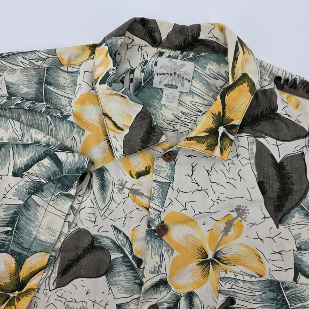 Tommy Bahama Relax Mens XL Silk Tropical Hibiscus Floral Camp Shirt Cream Yellow